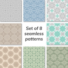 Set of 8 patterns. Collection arabic, indian, japanese, islamic motifs. Mandala seamless pattern.