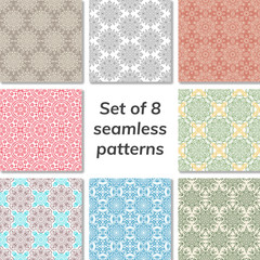 Set of 8 patterns. Collection arabic, indian, japanese, islamic motifs. Mandala seamless pattern.