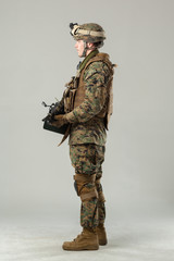 Soldier in camouflage holding rifle