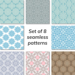 Set of 8 patterns. Collection arabic, indian, japanese, islamic motifs. Mandala seamless pattern.