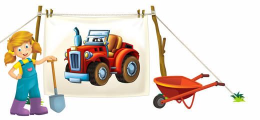 cartoon happy and funny farm scene with tractor and farm girl - on white background  car for different tasks - illustration for children 