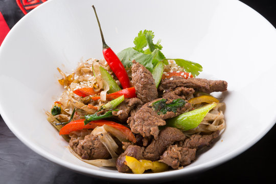 Thai spicy noodles dish with meat
