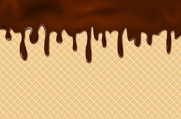 Flowing chocolate on wafer texture - sweet food background