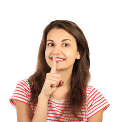 Secret woman. Smiling female showing hand silence sign. emotional girl isolated on white background