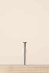 a nail fixed in a wooden board