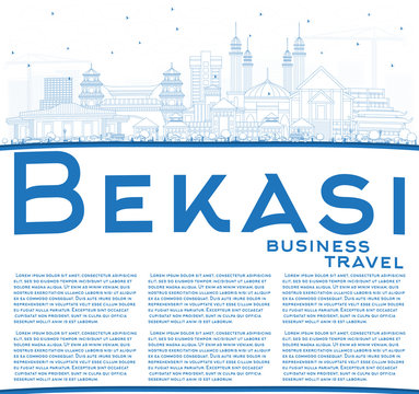 Outline Bekasi Indonesia City Skyline with Blue Buildings and Copy Space.