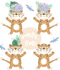 tiger digital clip art cute animal and flowers on head. Party Time text. Greeting Celebration Birthday Card Funny african wildlife Kid style Summer Bounquet on white background