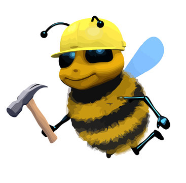 3d Cartoon honey bee character dressed as a builder