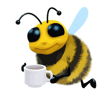 3d Cartoon honey bee character drinking a cup of tea