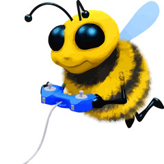 3d Honey Bee cartoon character playing video game