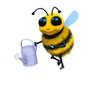 3d honey bee character with watering can.