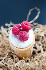 Ice cream with raspberry in waffle cone on wood