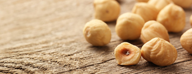 Hazelnuts on wooden table