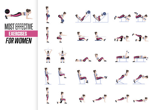 Set of sport exercises. Exercises with free weight. Exercises in a gym. Illustration of an active lifestyle. Vector