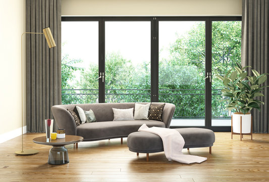 Contemporaryc elegant interior with a modern kidney shaped sofa