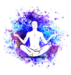 Vector silhouette of a meditating man on watercolor background