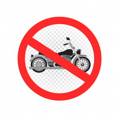 No chopper motorcycle noise sign icon. Forbidden motorbike red round signage on white transparent background