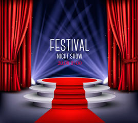 Obraz premium Festival night show poster. Showroom Background With A Red Carpet and Spotlight. Vector.