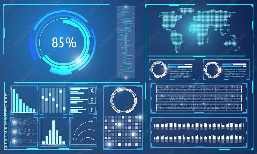 Fototapete HUD Futuristic Hi Tech User Interface Control Panel Vector Background, Abstract World Map And Graph Elements Display Illustration.