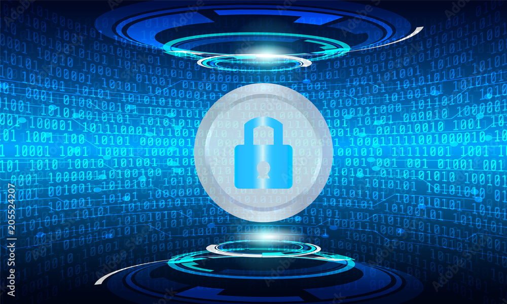 Poster Hi Technology Sci fi Cyber Security Concept Vector Background. Abstract Blue Padlock On Gray Gradient Circle Panel With Digital Binary Number Code And Circuit Board Illustration