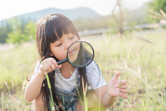 Little girl is playing on green meadow and examining field flowers using magnifying glass.