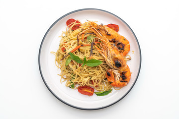 stir-fried spaghetti with grilled shrimps and tomatoes