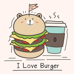 I Love Burger Concept With Cute Bear Burger And Coffee Cup. 