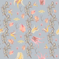Floral seamless pattern can be used for wallpaper, website background, textile printing. Hand drawn endless vector illustration of flowers on light background. Flower theme. Summer collection.