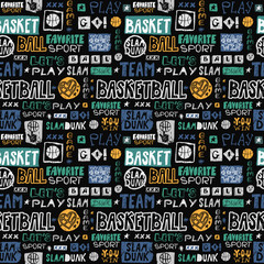 Vector sketch basketball seamless pattern. Retro, grunge, hand-drawing lettering, favorite sport, go, you win, slam dunk, team. Print design for T-shirts, banners, flyers, children's clothes.