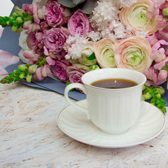 bouquet white pink cup coffee tea