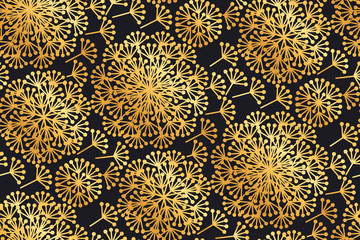 Luxury gold geometric dandelion flowers on black.