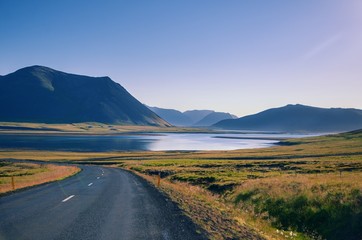 Road with Mountain and Ocean View by Sunset, Iceland