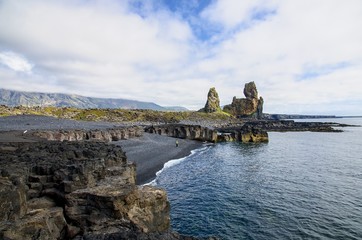 Fototapeta na wymiar Coast Iceland with Black Sand Beach and Rock Cliffs