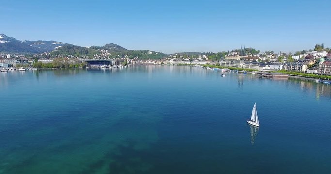 Aerial of Lake Lucerne with the city in the background