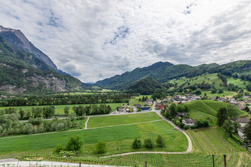 View of the city among the mountainous Alps in Liechtenstein.