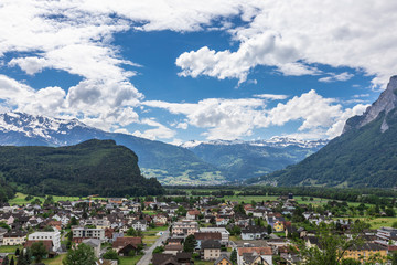Fototapeta na wymiar View of the Alps Mountains from the Gutenberg Castle, Liechtenstein.
