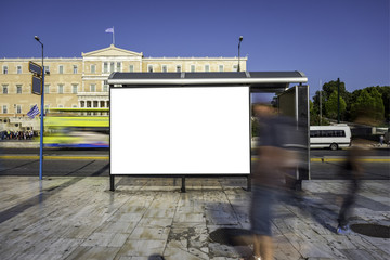 Mock up of blank white orizontal bus stop in a city, Athens