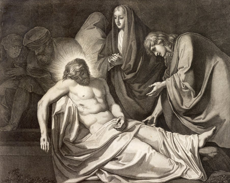REGGIO EMILIA, ITALY - APRIL 12, 2018: The lithography  Burial of Jesus  (cross way) in church Chiesa di Santo Stefano by Benedetto Eredi (1750 - 1812).