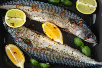 Two fresh mackerels in a black ceramic bowl with condiments. Upper plane.