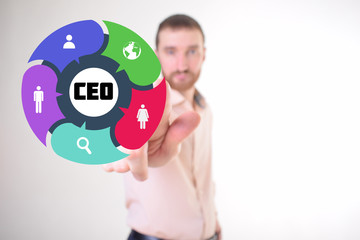 A businessman shows an inscription:CEO