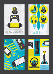 Video games and gamers certical cards design. Accessories for playing as controllers and joysticks, headphones, gamepad. Cards good for print and invitations