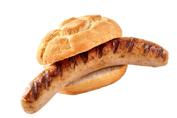 Seared barbecued sausage in a crusty bread roll