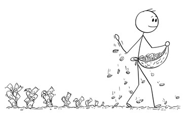 Cartoon stick man drawing conceptual illustration of businessman seeding or sowing coins and harvesting bills or banknotes. Business concept of investment and profit.