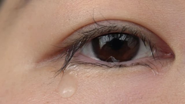 Close up shot of a crying eye of a young Asian woman without makup. Raw.4K