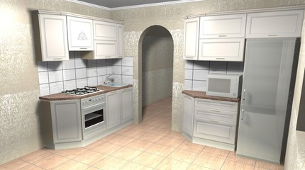 interior design classic beige kitchen 3D rendering