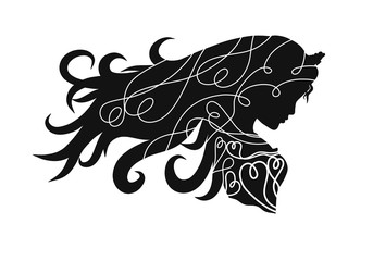 Silhouette of a beautiful bride or a princess, with a romantic pattern