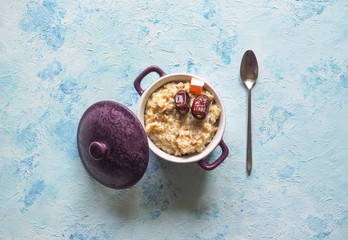 Oatmeal with dates. Healthy natural food. Ramadan menu.