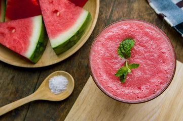 watermelon smoothie fruit on wood table , sweet fruit drinks on summer for healthy diet