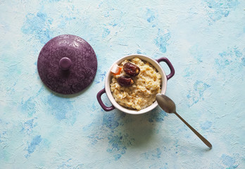 Oatmeal with dates. Healthy natural food. Ramadan menu.