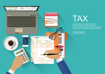 Flat design concepts for auditing . Auditor examination of financial report. Tax process. Research, project management, planning, accounting, analysis, data and investment. Vector for website banners.